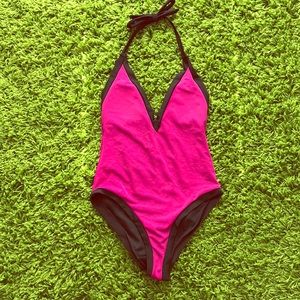 Black Pink Plunge V Neck Swimsuit S